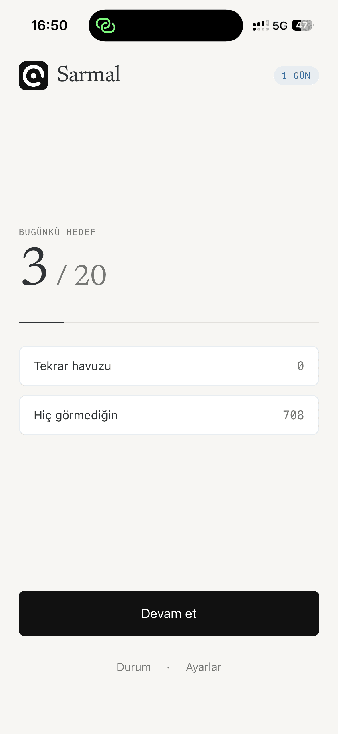 Sarmal uygulamasının günlük hedef ekranı